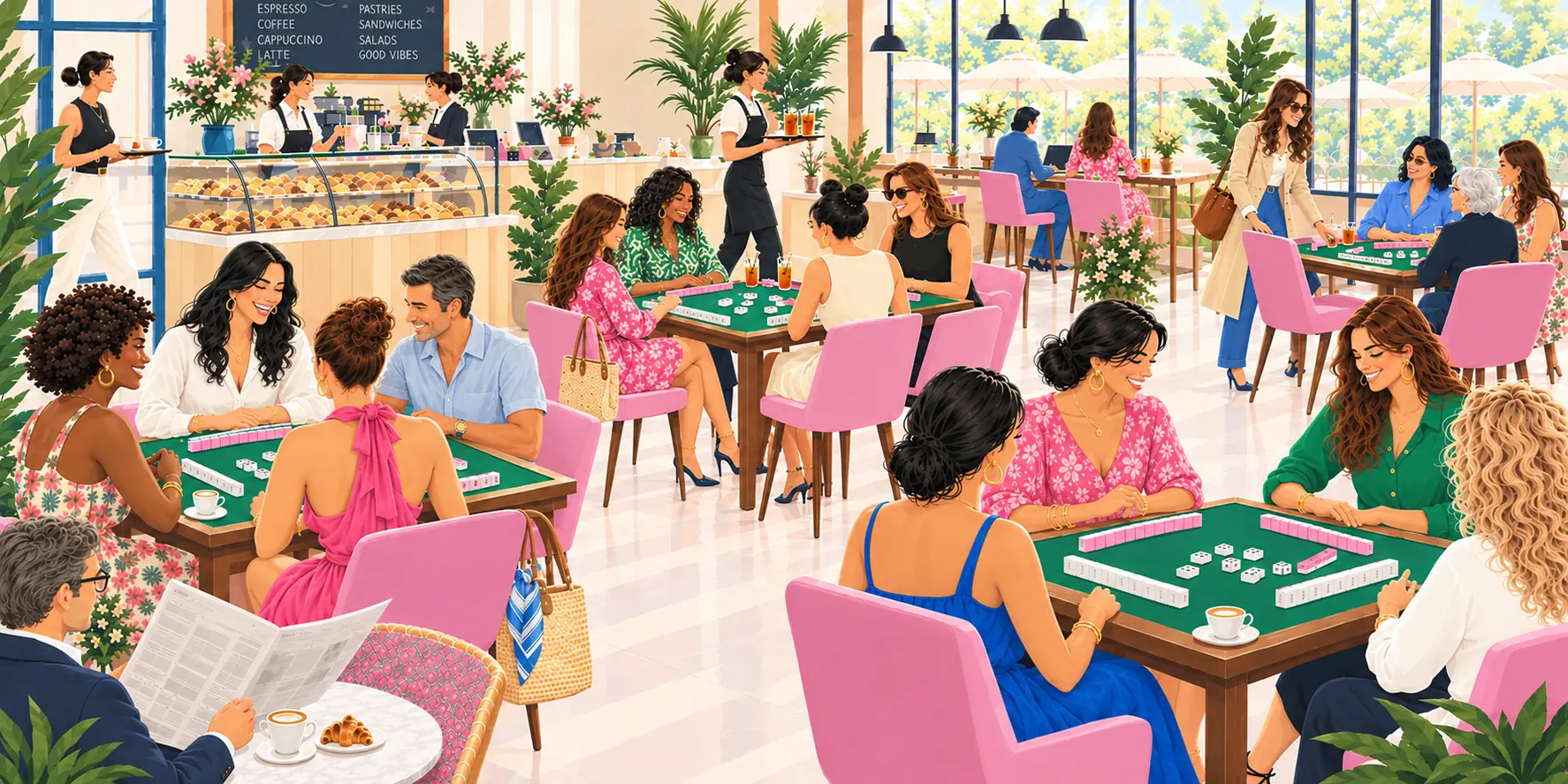 Friends playing American Mahjong at a cafe table