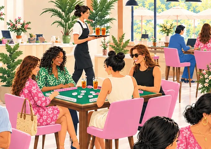 Friends playing mahjong at a cafe table while a server brings iced drinks